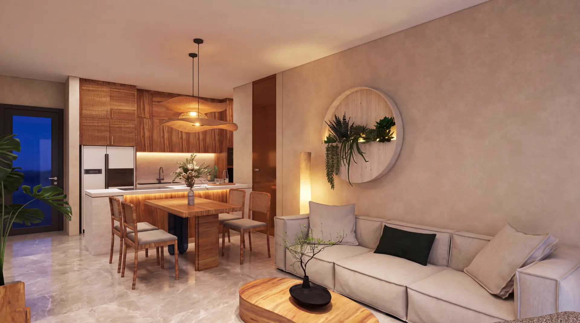 Interior of a residence opening onto tropical greenery